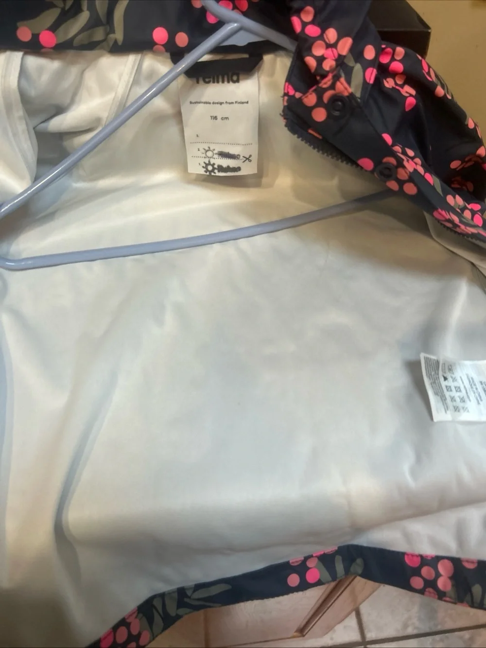 Reima Kids Waterproof Rain Jacket Girls Geometric Print Sz 6 New Removable Hood